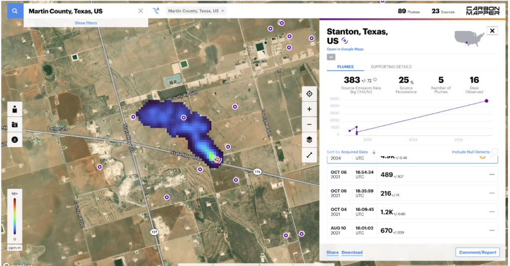 One of five methane plumes detected by Carbon Mapper